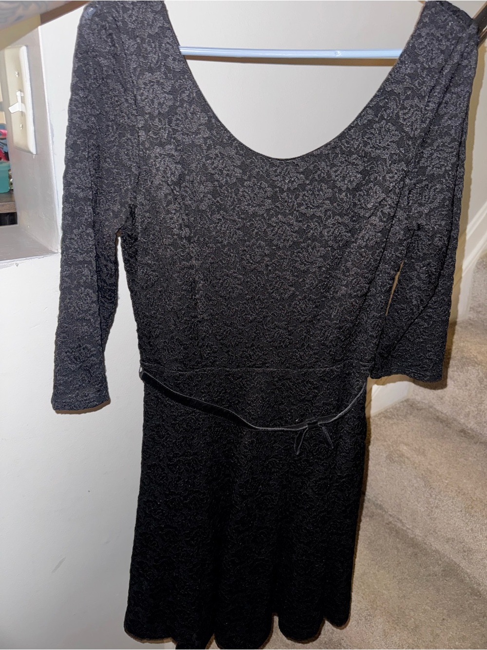 White House Black Market Black Floral Texturized Quarter Sleeve Midi Dress